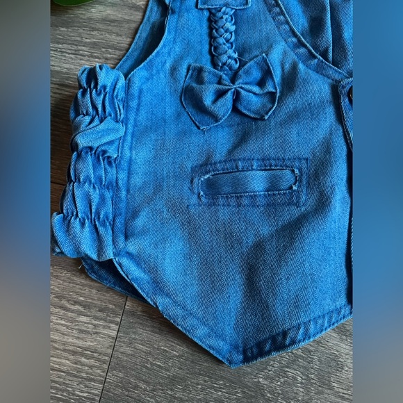 Kawaii unbranded bow detail panda snap button smocked bright blue jean vest M - Picture 2 of 10